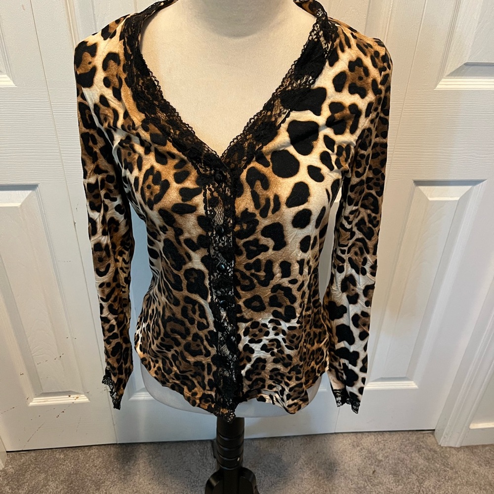 Joseph Ribkoff size M Leopard Print Lace Trim Women's Top